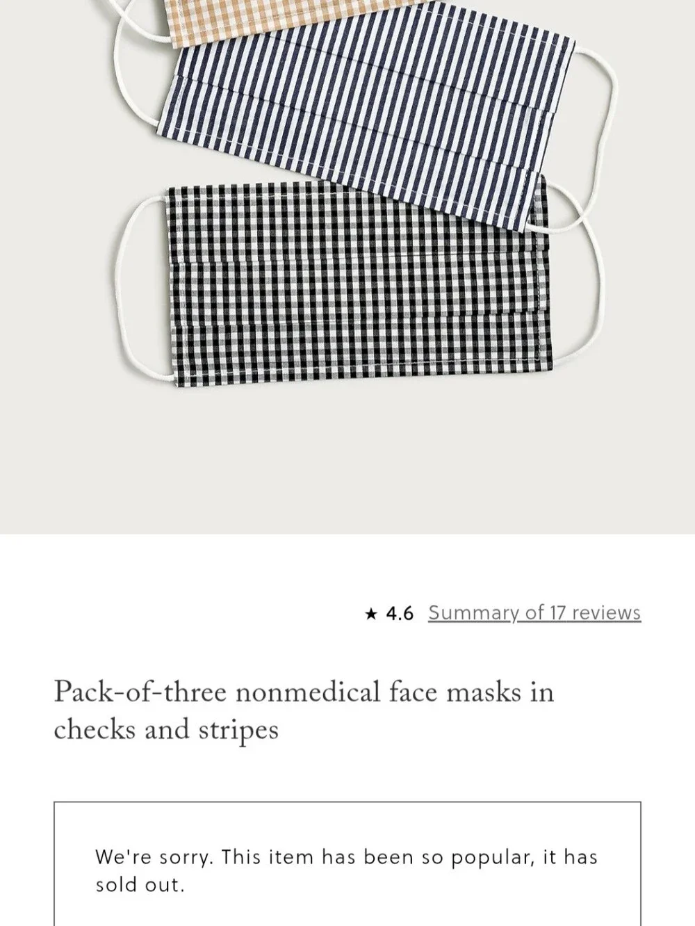 J. CREW non-medical face masks Set Of 3 Neutral Checks and Stripes BNWT 1 Left